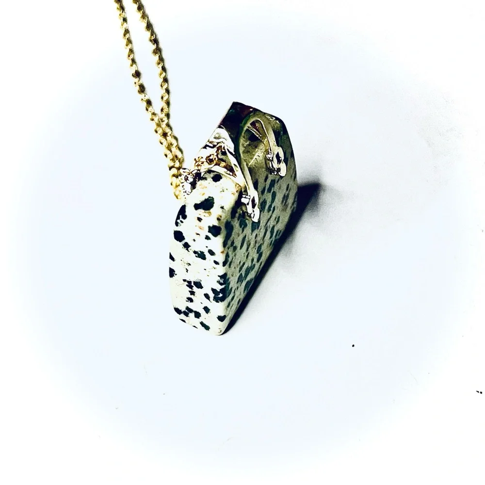 New Artisan 14k Gold Lady Christian Dior Dalmatian Jasper Handbag Necklace - Picture 10 of 17